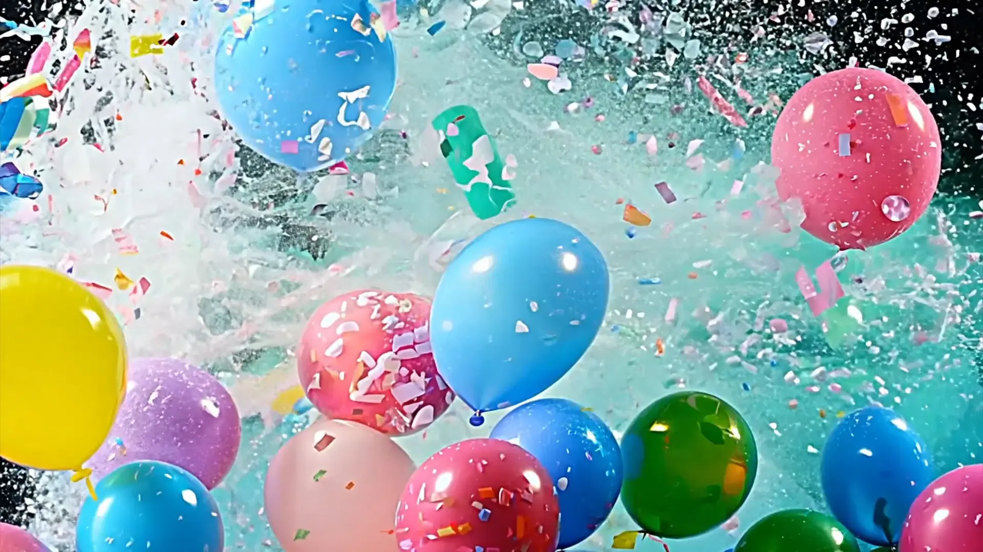 Colorful Balloon Burst with Confetti Overlay for Creative Event Promos